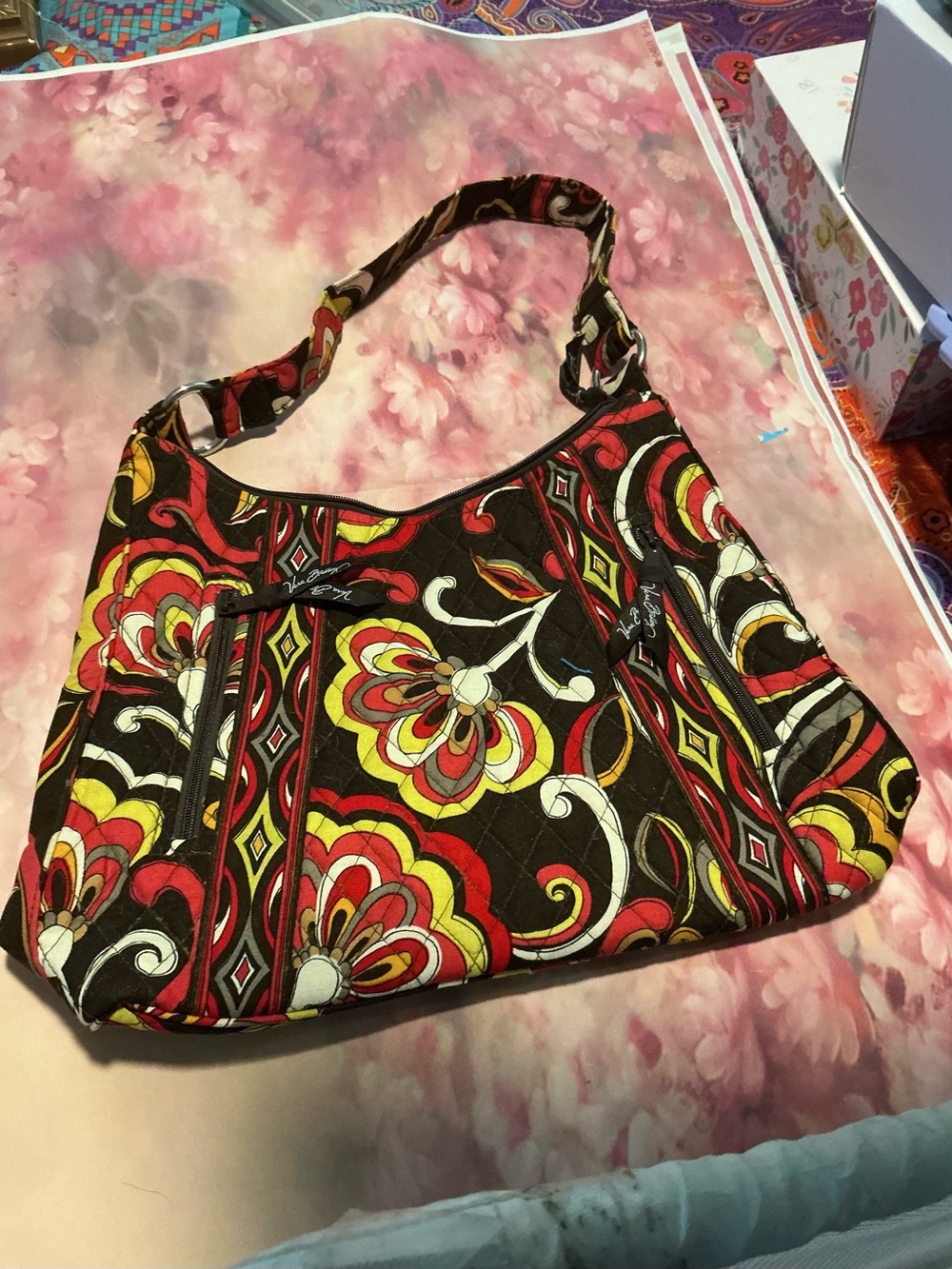 Vera Bradley Brown Floral Quilted Shoulder Bag with Red & Yellow Accents